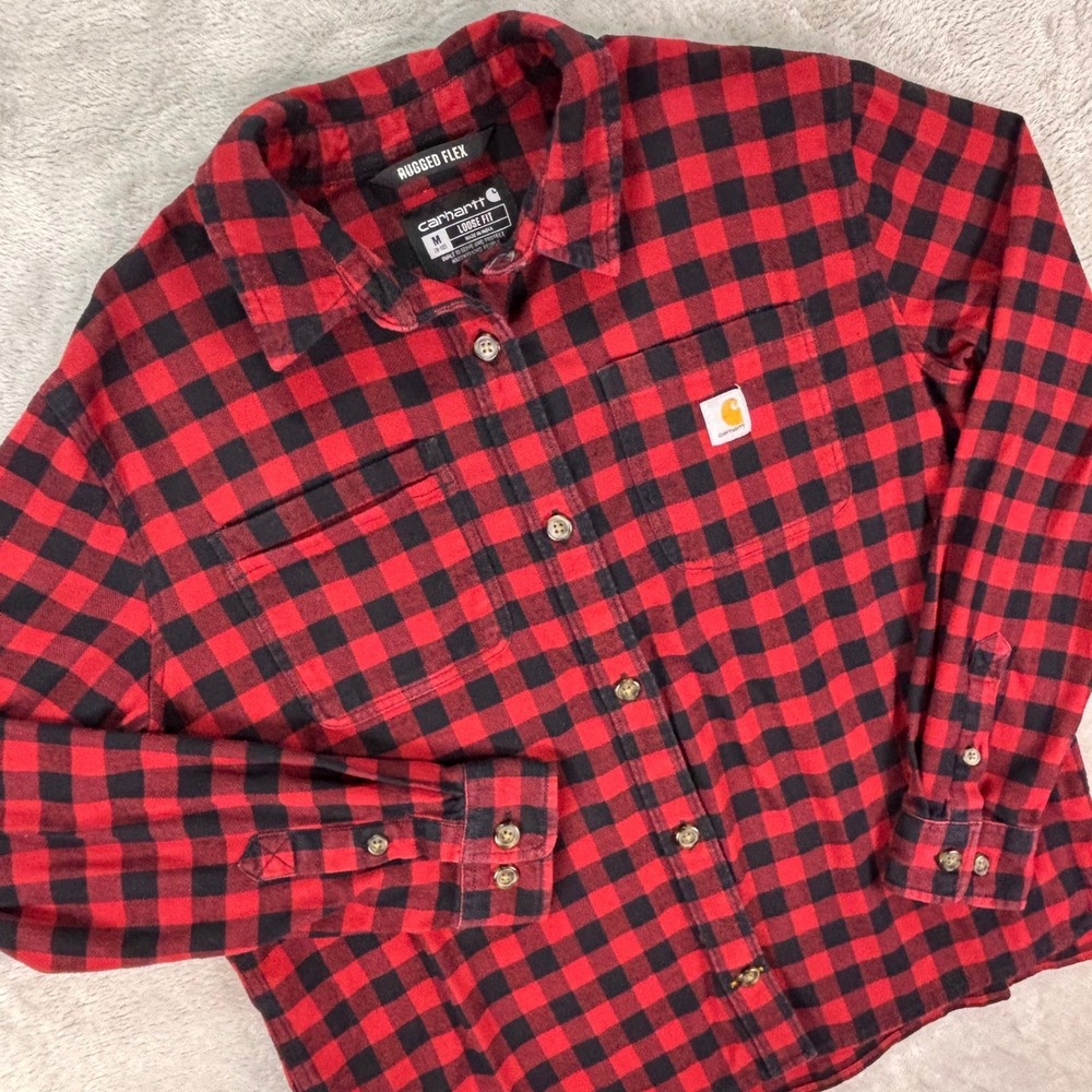 Carhartt Women's Flannel Shirt Size M Red Black Buffalo Plaid Rugged Flex